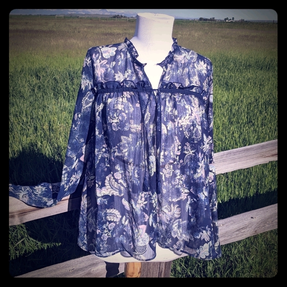 A.N.A. blue sheer floral peasant blouse size‎ Med